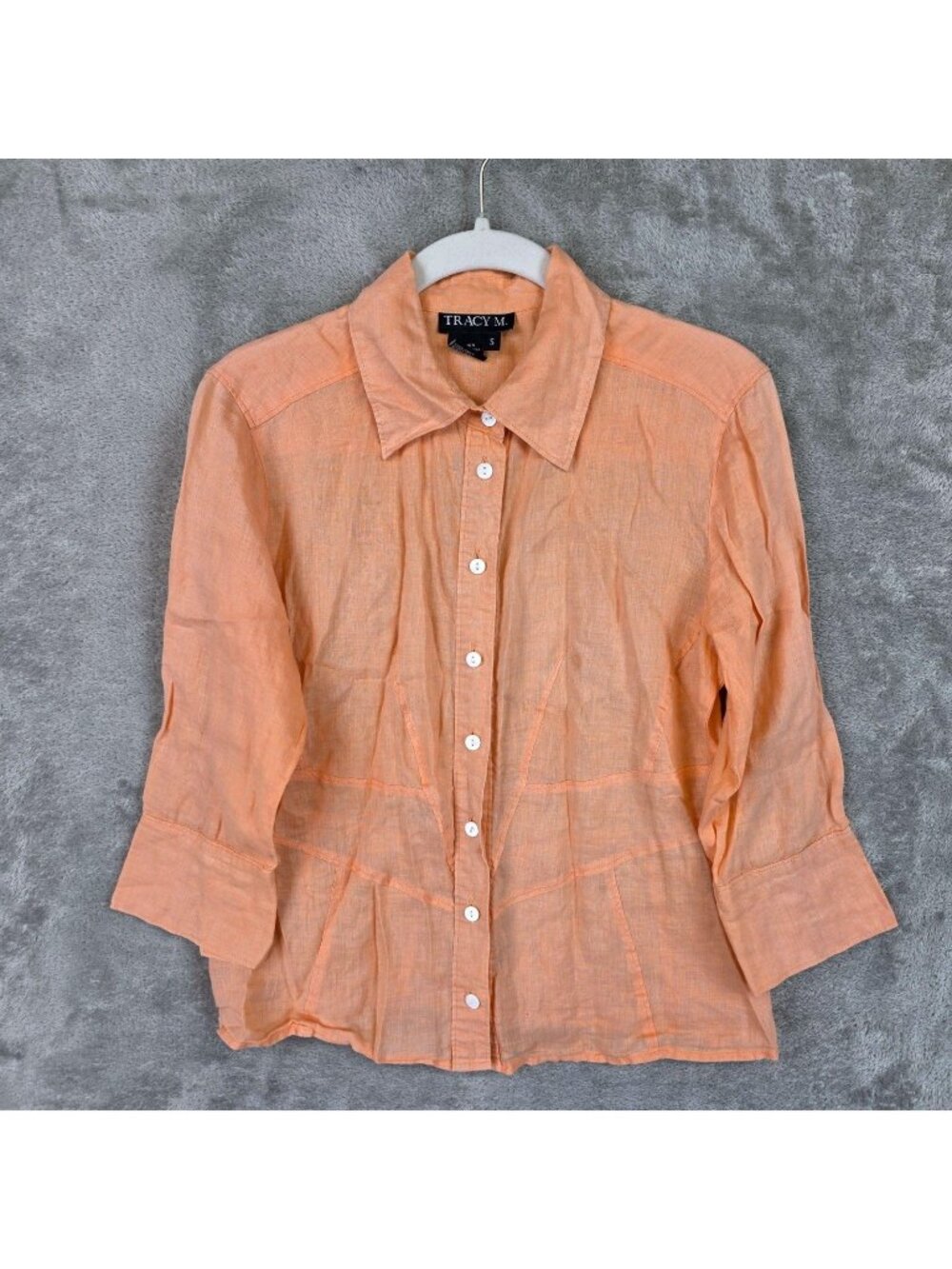 TRACY M. Button Up Shirt Womens S Orange Linen Collared 3/4 Sleeve Basic Top
